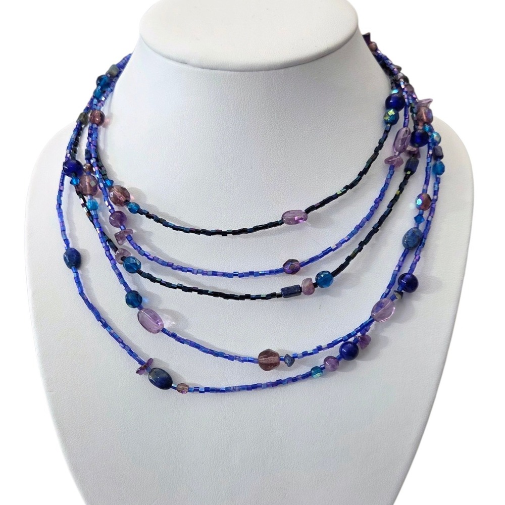 Multi-Strand Iridescent Gemstones Artisan Seed Bead Necklace 15" Collar‎ Layered